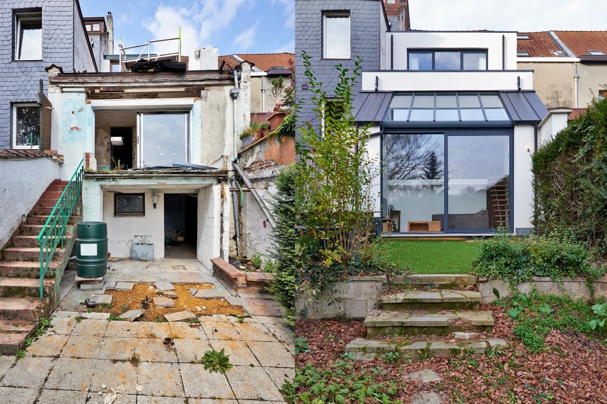 Before and after renovation project with an exterior sliding door.