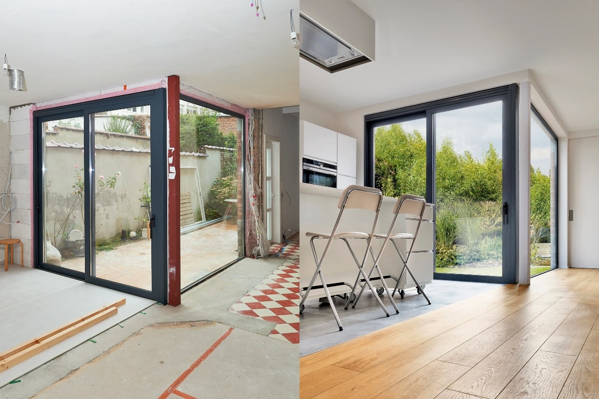 Interior renovation project showing the before and after, with sliding security screens.